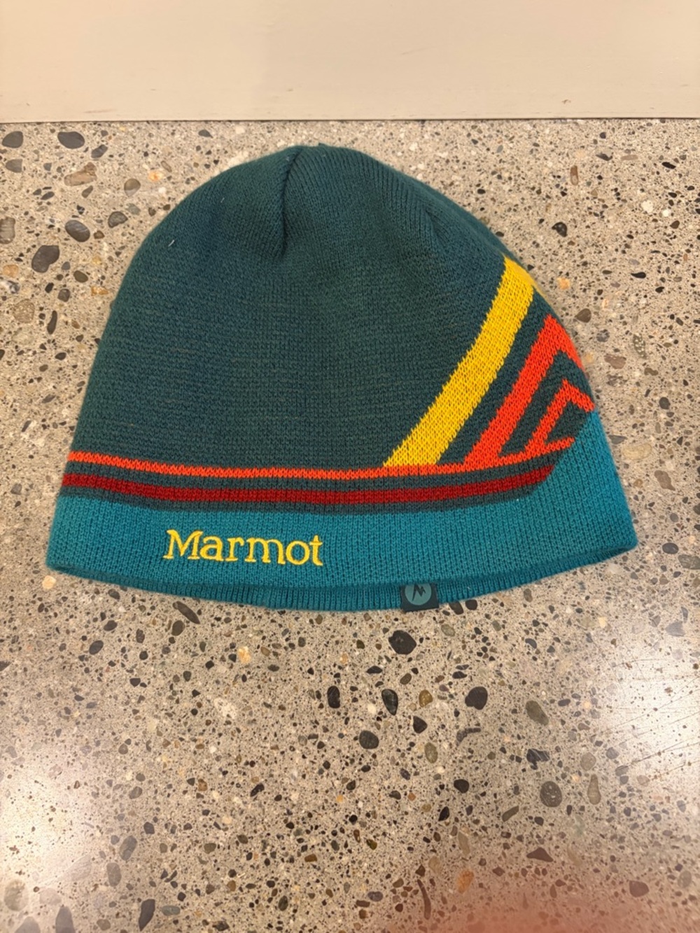 Marmot Teal & Dark Green Knit Beanie with Yellow and Red Stripes